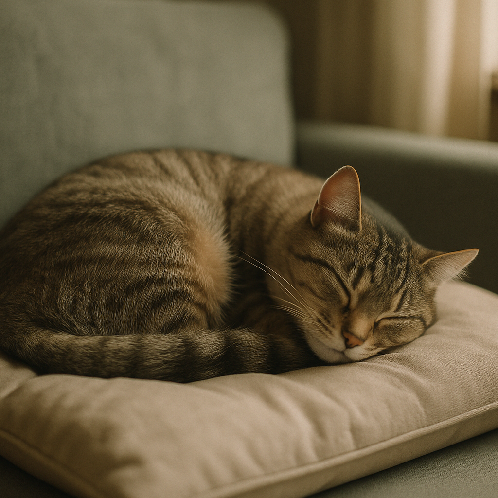 Tilfreds kat sover trygt på en pude